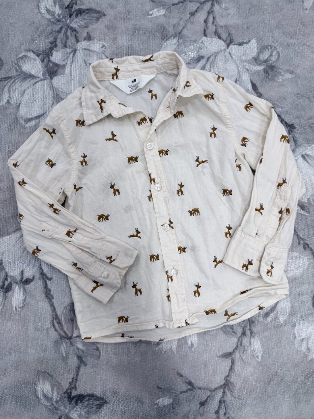 H&M Cute Cream Deer Print Button Up Long Sleeve Shirt Toddler 2-3Y